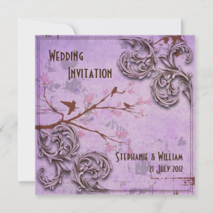 Vintage Lavender Love Birds Wedding Invitation