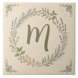 Vintage Lavender Monogram Herb Garden Wreath Tile