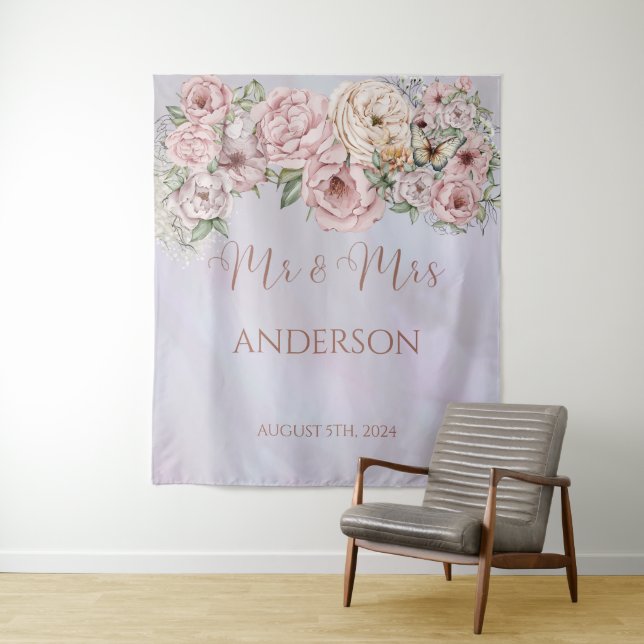 Vintage Lavender Peony Wedding Backdrop Tapestry (In Situ)
