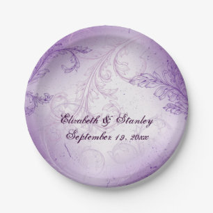 Vintage lavender purple scroll leaf wedding paper plate