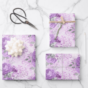 Vintage Lavender Silver Floral Damask Pattern Wrapping Paper Sheet