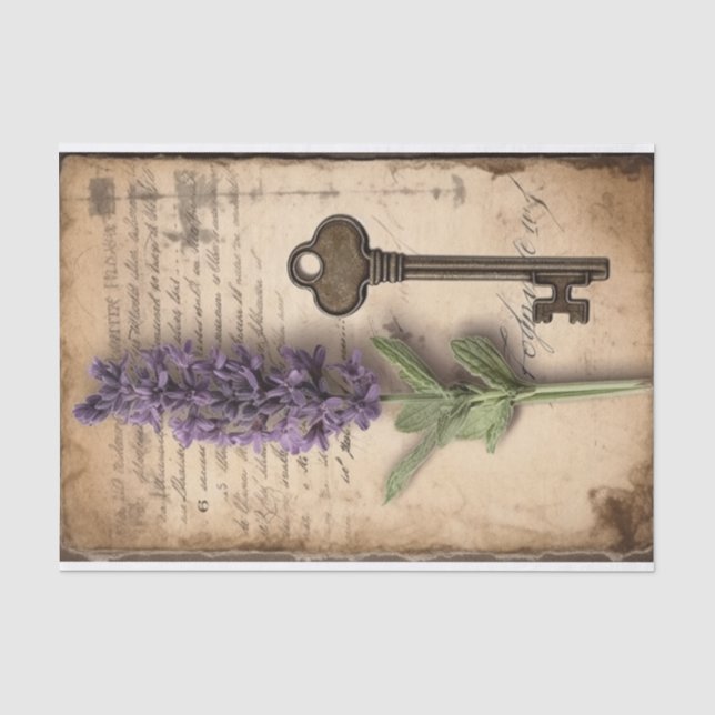Vintage Lavender with Key on Old Paper Decoupage (Front)