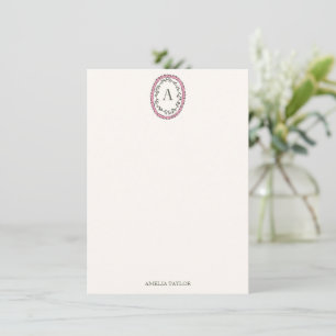 Vintage Leaf Pink Monogram Personalized Stationery Card