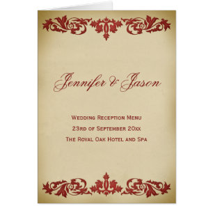 Vintage Leaf Scroll Style Wedding Menu in Burgundy