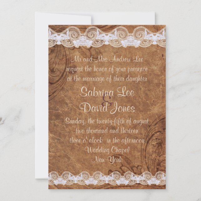 Vintage Leather and Lace Wedding Invitation (Front)