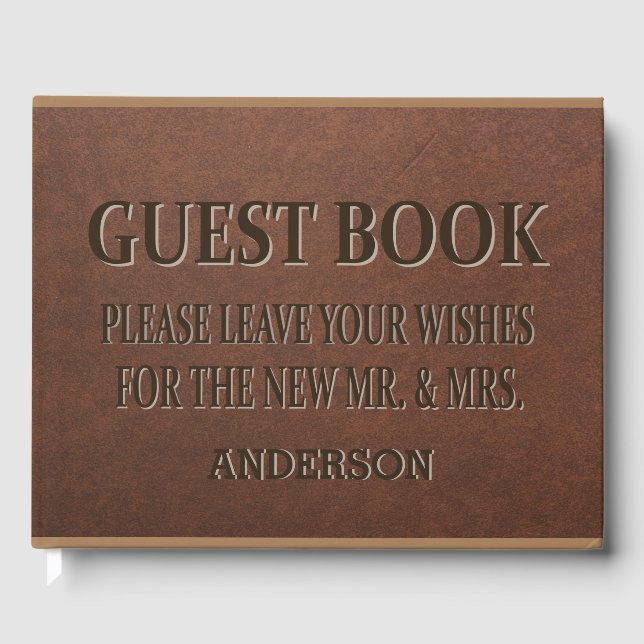 Vintage Leather Texture Engraved Script Wedding Guest Book (Front)