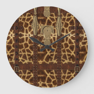 Vintage Leather Tribal Giraffe Animal Print Large Clock
