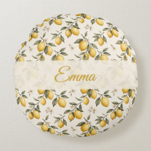 Vintage Lemon Blossom – Elegant Botanical Citrus Round Cushion