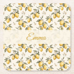 Vintage Lemon Blossom – Elegant Botanical Citrus  Square Paper Coaster