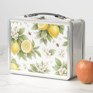 Vintage Lemon Blossom Pattern Cottagecore Citrus Metal Lunch Box