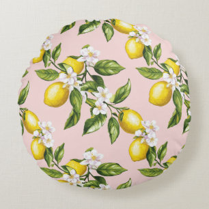 Vintage Lemon & Blossom Pattern on Pink (2) Round Cushion