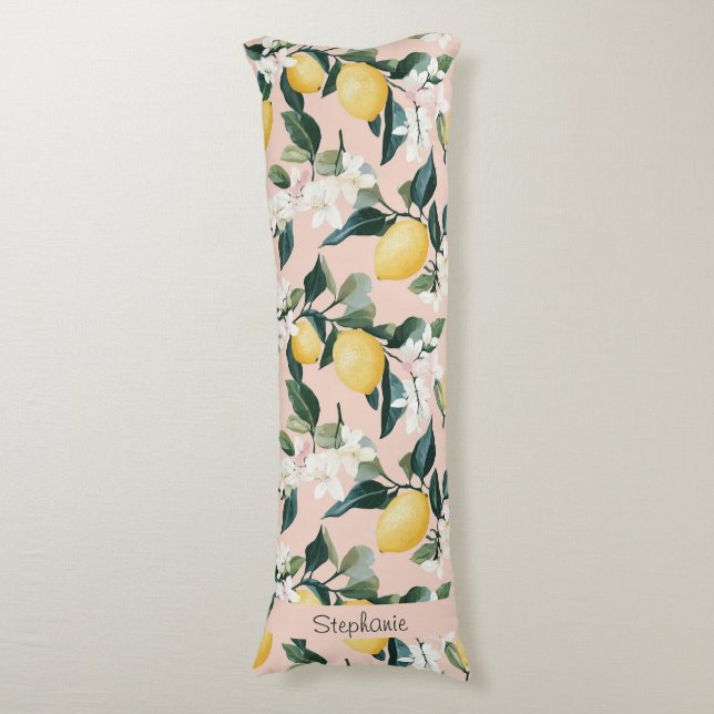 Vintage Lemon & Blossom Pattern on Pink Body Cushion (Front Vertical)