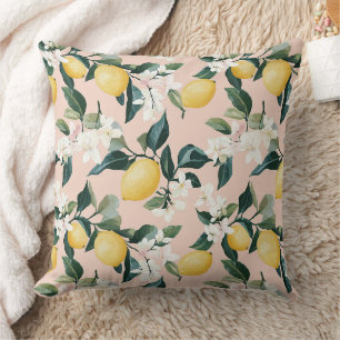 Vintage Lemon & Blossom Pattern on Pink Cushion