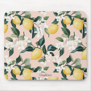 Vintage Lemon & Blossom Pattern on Pink Mouse Pad