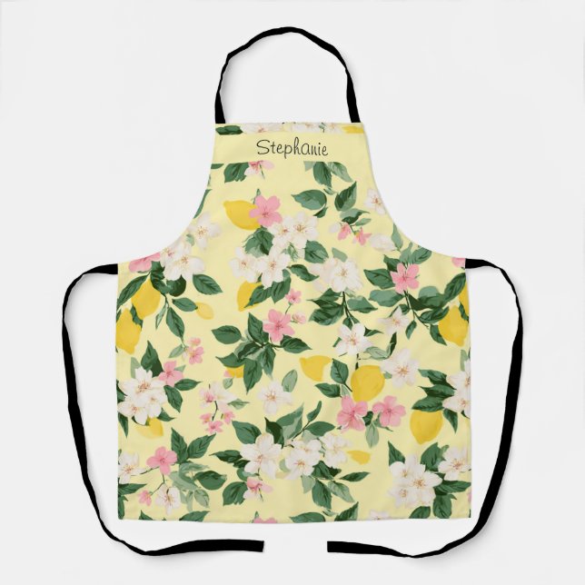 Vintage Lemon & Blossom Pattern on Yellow Apron (Front)