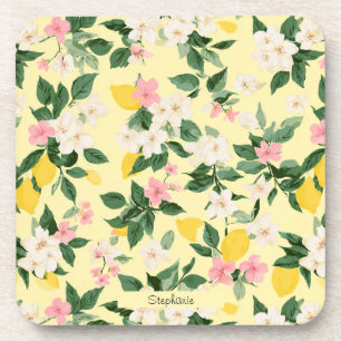 Vintage Lemon & Blossom Pattern on Yellow Coaster