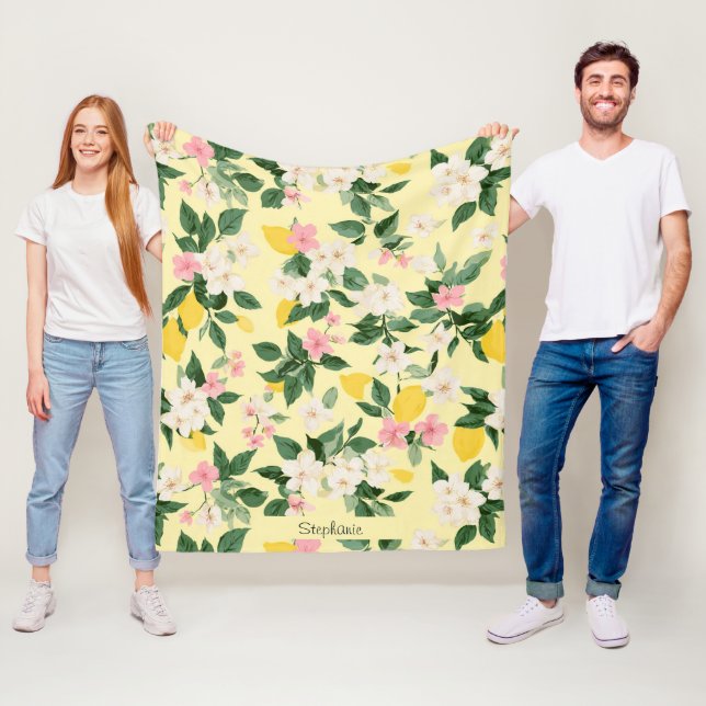 Vintage Lemon & Blossom Pattern on Yellow Fleece Blanket (In Situ)