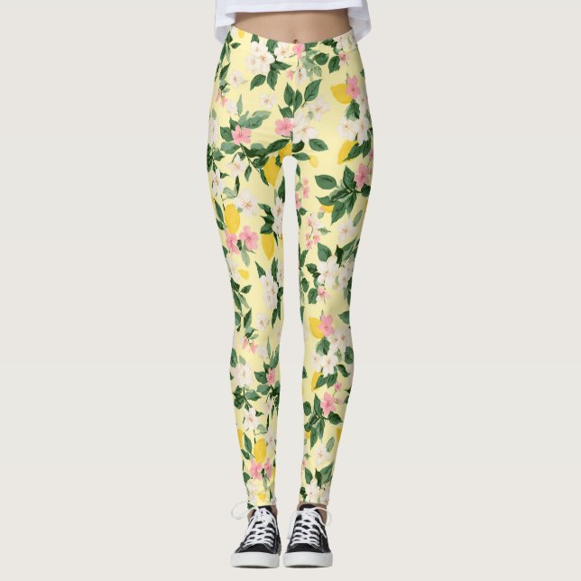 Vintage Lemon & Blossom Pattern on Yellow Leggings (Front)