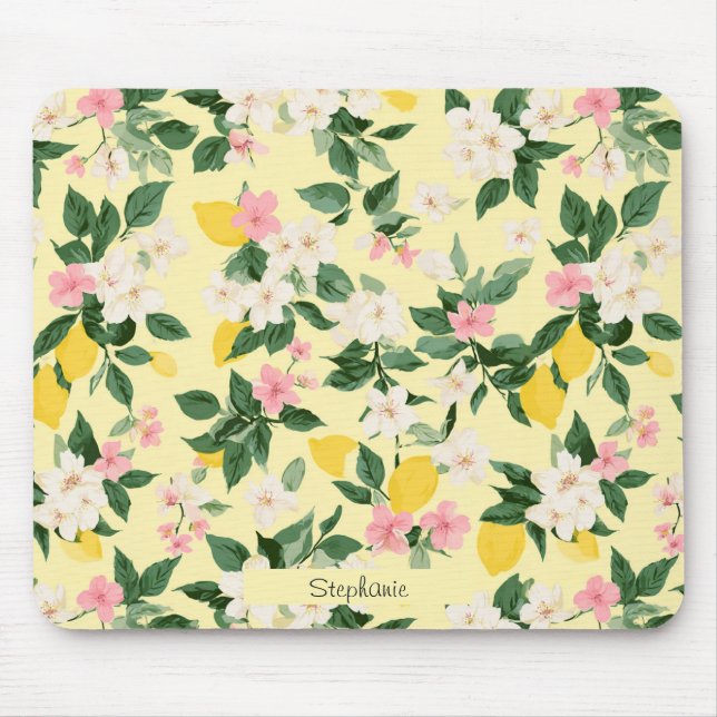 Vintage Lemon & Blossom Pattern on Yellow Mouse Pad (Front)