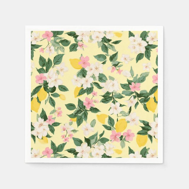 Vintage Lemon & Blossom Pattern on Yellow Napkin (Front)
