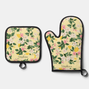 Vintage Lemon & Blossom Pattern on Yellow Oven Mitt & Pot Holder Set