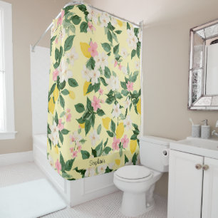 Vintage Lemon & Blossom Pattern on Yellow Shower Curtain