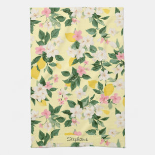 Vintage Lemon & Blossom Pattern on Yellow Tea Towel