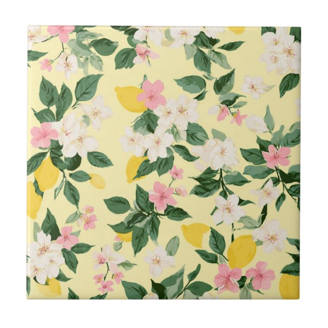 Vintage Lemon & Blossom Pattern on Yellow Tile (Front)