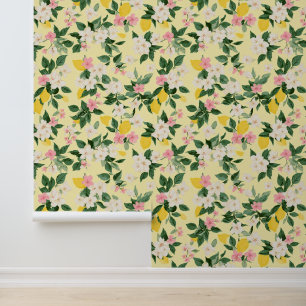 Vintage Lemon & Blossom Pattern on Yellow Wallpaper