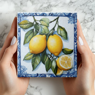 Vintage Lemon & Blue Border Ceramic Tile