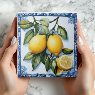 Vintage Lemon & Blue Border Ceramic Tile