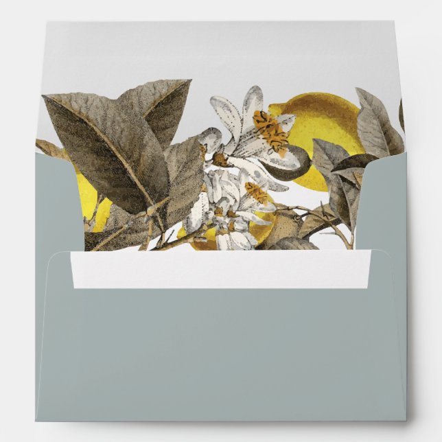 Vintage Lemon Botanical Wedding Dusty Blue Envelope (Back (Bottom))