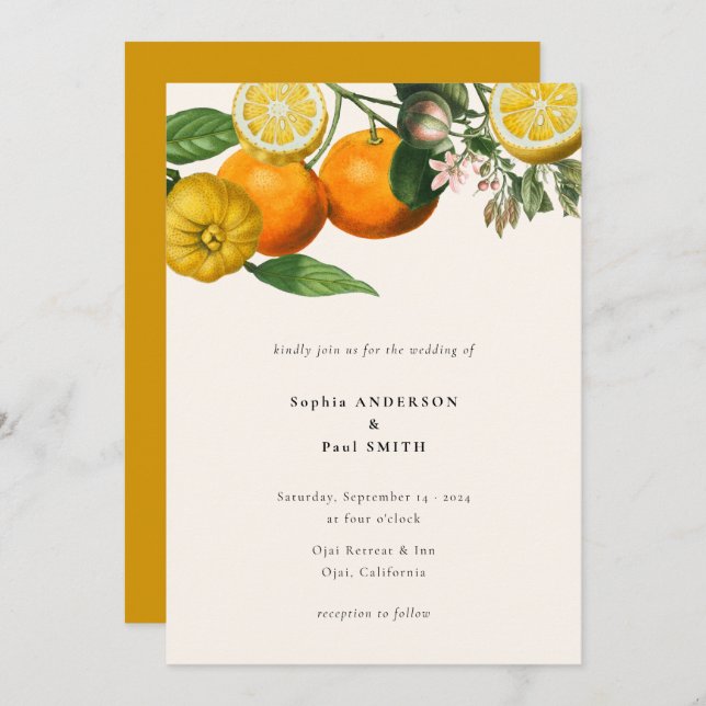 Vintage Lemon Citrus Botanical Wedding Invitation (Front/Back)