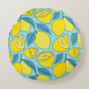 Vintage lemon fresh tropical fruit seamless patter round cushion