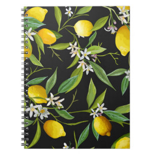 Vintage lemon fruits and flowers on dark backgroun notebook