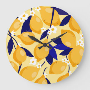 Vintage lemon fruits: food pattern. large clock