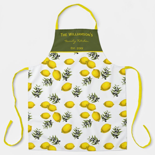 Vintage Lemon & Olive Pattern with Custom Name Apron (Front)