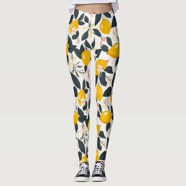 Vintage Lemon & Pink Blossom Pattern Leggings (Front)