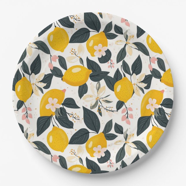 Vintage Lemon & Pink Blossom Pattern Paper Plate (Front)