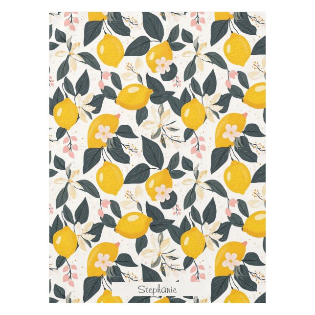 Vintage Lemon & Pink Blossom Pattern Tablecloth (Front)