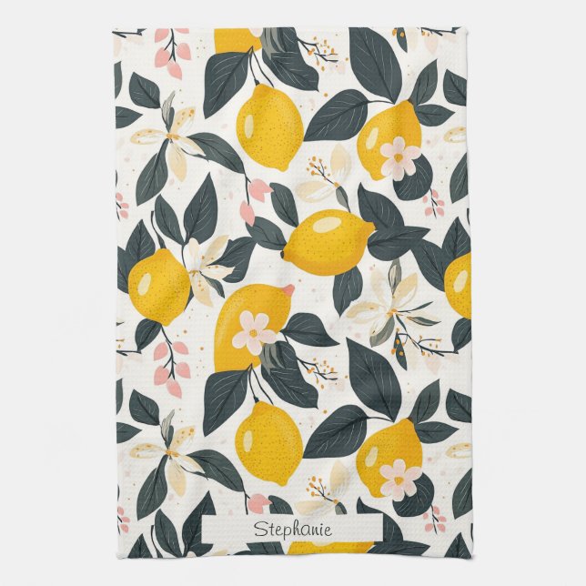 Vintage Lemon & Pink Blossom Pattern Tea Towel (Vertical)