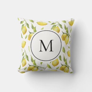 Vintage Lemons and Greenery Pattern Monogram Cushion