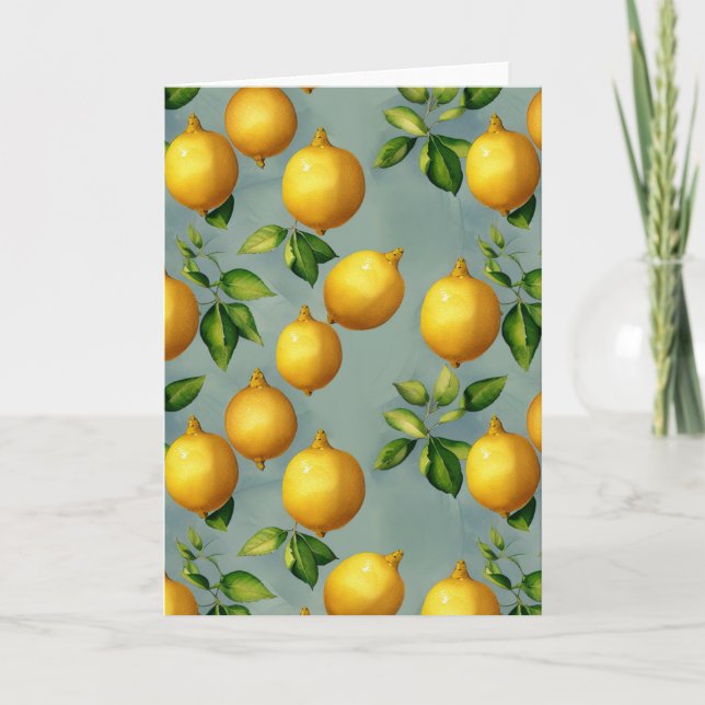 Vintage Lemons and Leaves Art Pattern on Grey Card (Front)