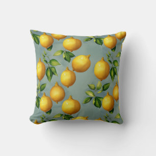Vintage Lemons and Leaves Art Pattern on Grey Cushion