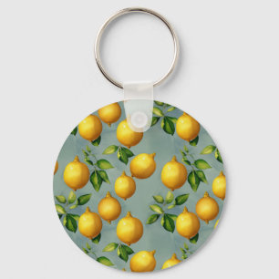 Vintage Lemons and Leaves Art Pattern on Grey Key Ring