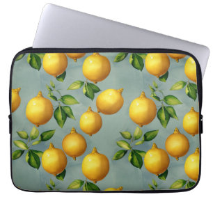 Vintage Lemons and Leaves Art Pattern on Grey Laptop Sleeve