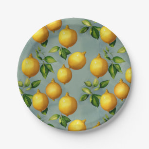 Vintage Lemons and Leaves Art Pattern on Grey Paper Plate