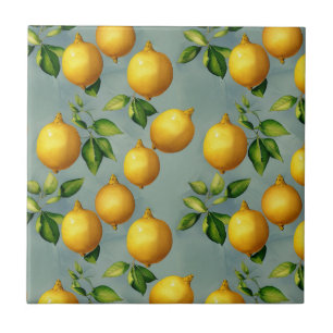 Vintage Lemons and Leaves Art Pattern on Grey Tile