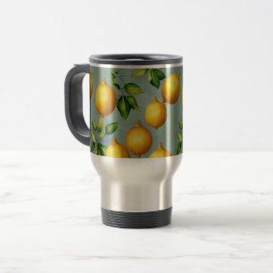 Vintage Lemons and Leaves Art Pattern on Grey Travel Mug