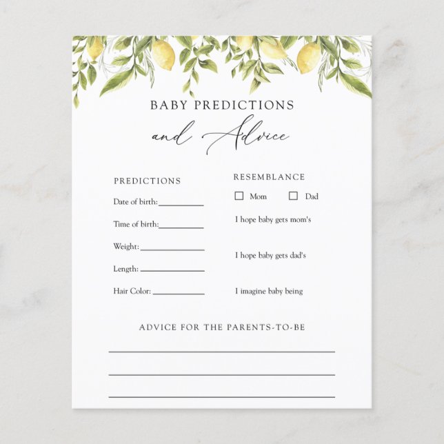 Vintage Lemons Baby Advice and Predictions Card (Front)